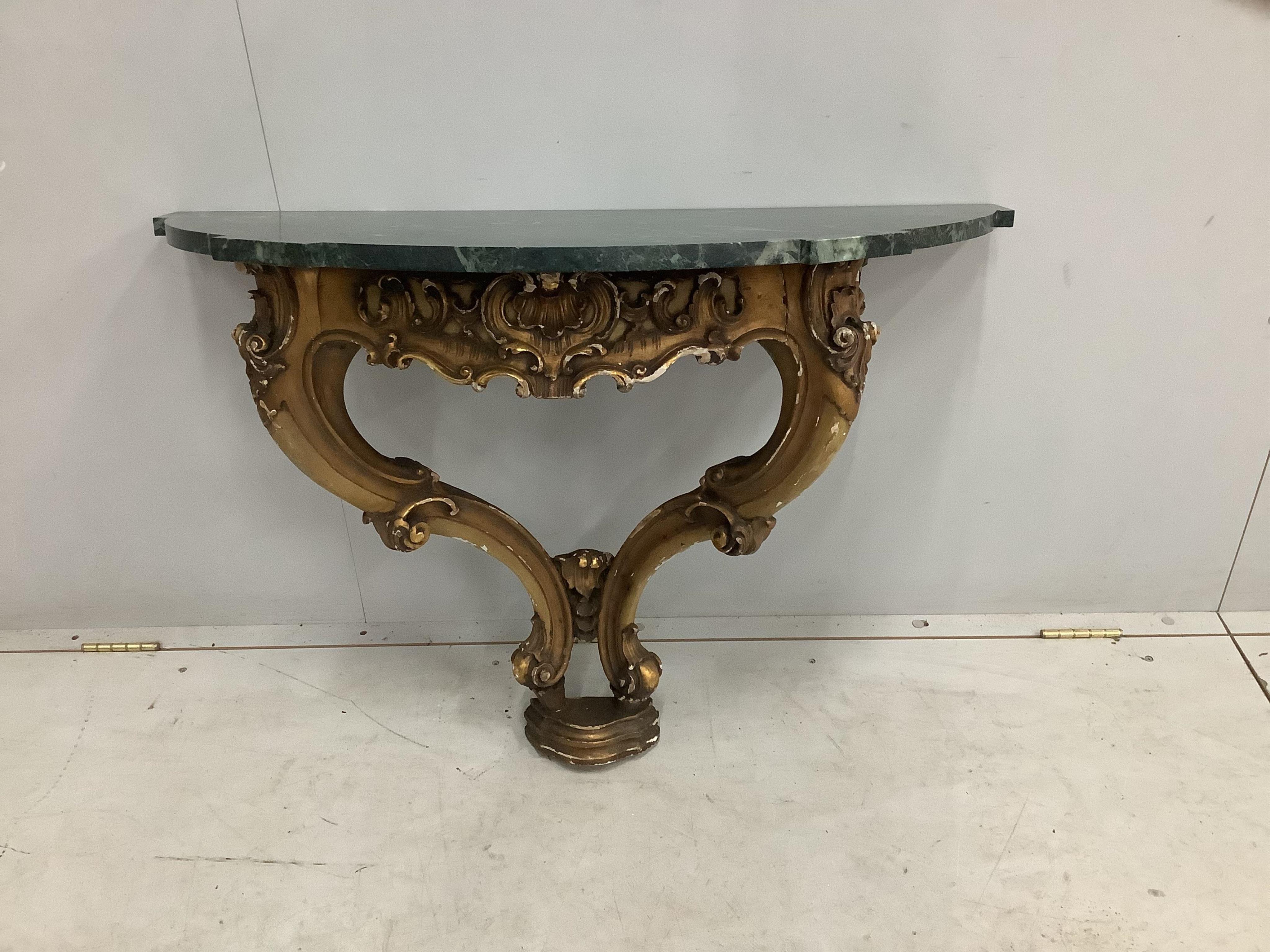 A 19th century giltwood and composition console table, width 93cm, depth 42cm, height 75cm. Condition - fair, top associated